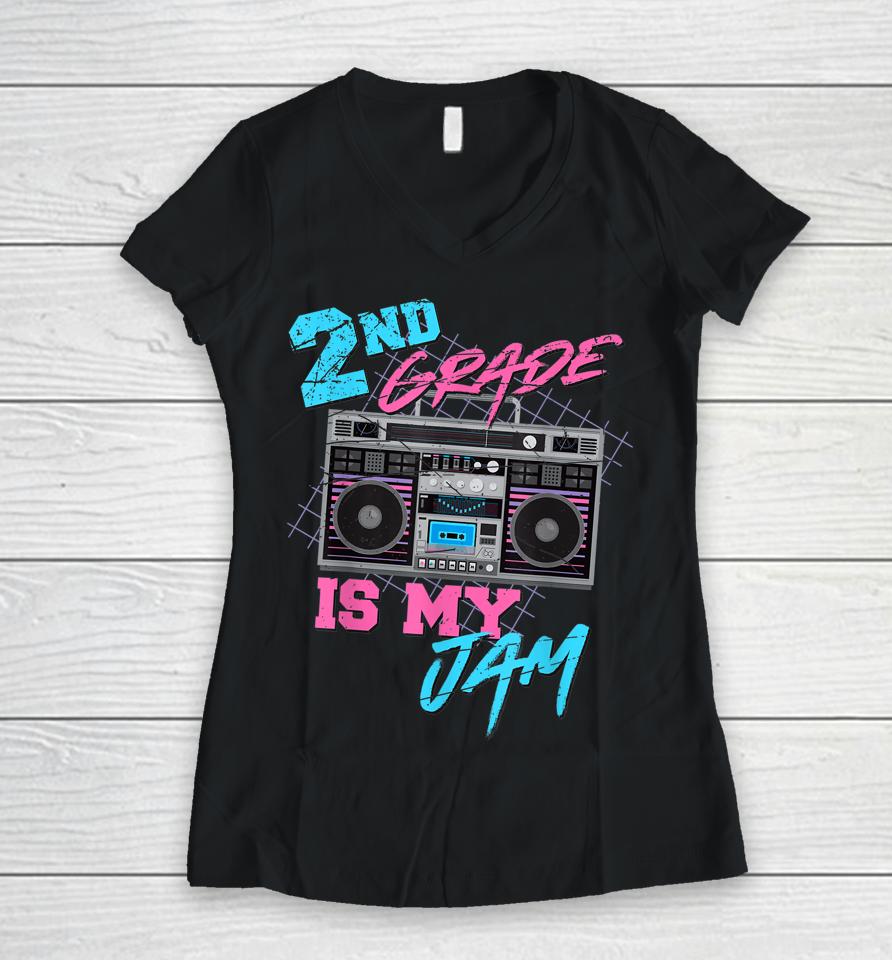 2Nd Grade Is My Jam Vintage 80S Boombox Teacher Student Women V-Neck T-Shirt