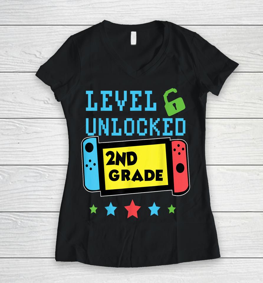 2Nd Grade Level Unlocked Gamer First Day Of School Boys Women V-Neck T-Shirt