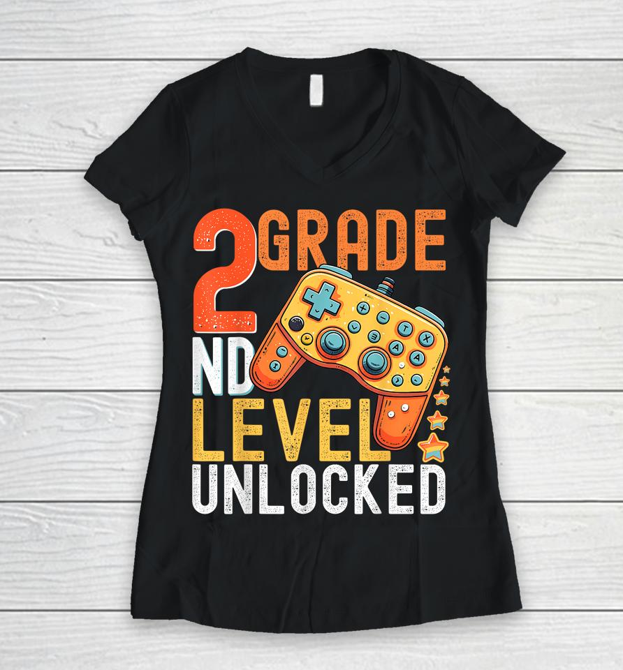 2Nd Grade Level Unlocked Video Game Back To School Boys Women V-Neck T-Shirt