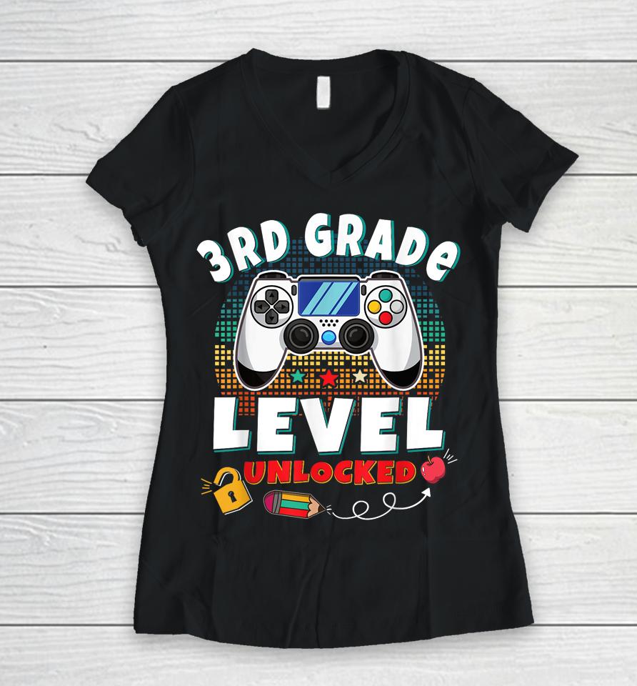 3Rd Grade Level Unlocked Video Game Back To School Boys Women V-Neck T-Shirt