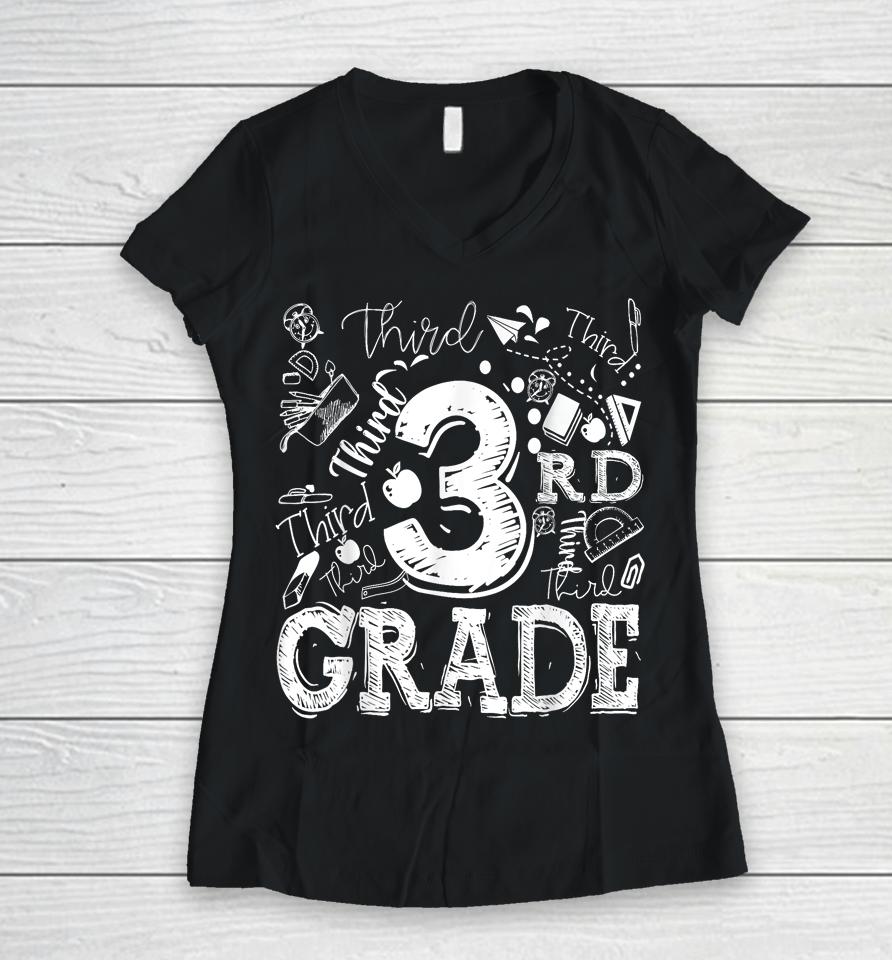 3Rd Third Grade Typography Team Kids Teacher Back To School Women V-Neck T-Shirt