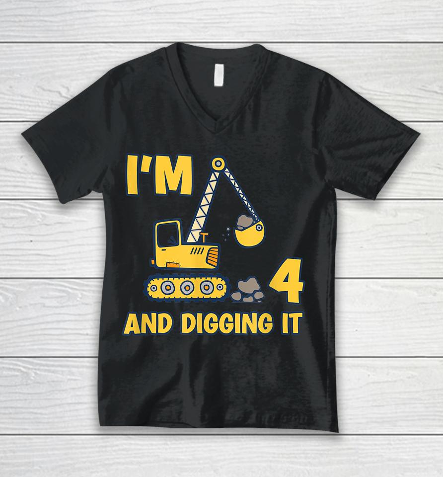 4 Years Old Digger Builder Kids Construction Truck 4Th Birthday Unisex V-Neck T-Shirt