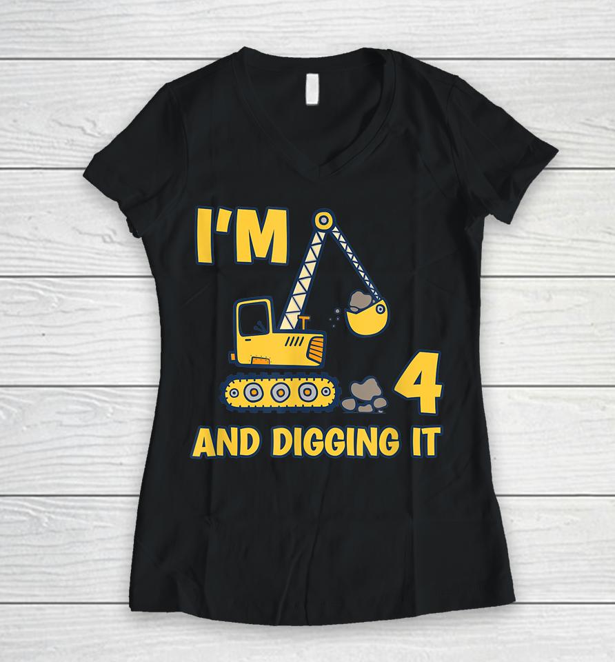 4 Years Old Digger Builder Kids Construction Truck 4Th Birthday Women V-Neck T-Shirt
