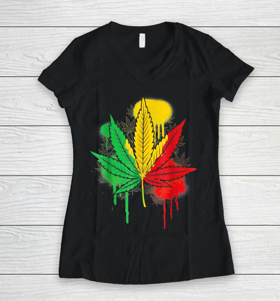 420 Day Marijuana Weed Cannabis Leaf Women V-Neck T-Shirt