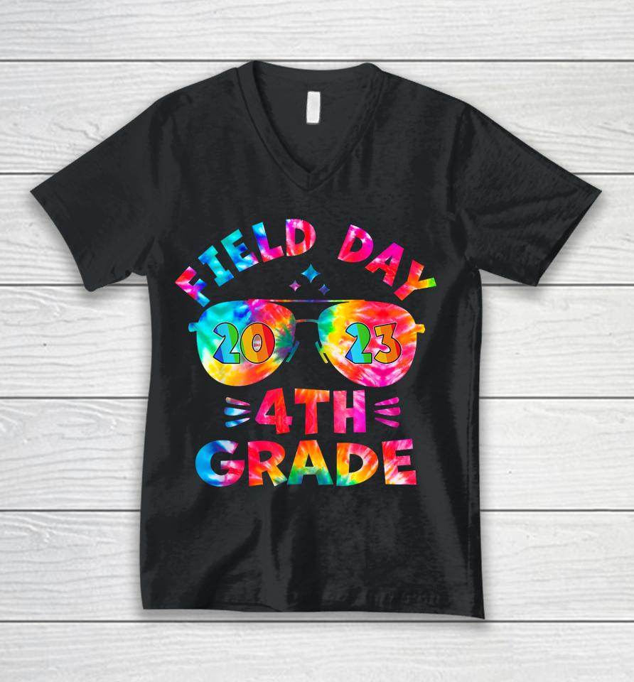 4Th Grade Field Day 2023 Tie Dye Sunglasses Teacher Kids Unisex V-Neck T-Shirt