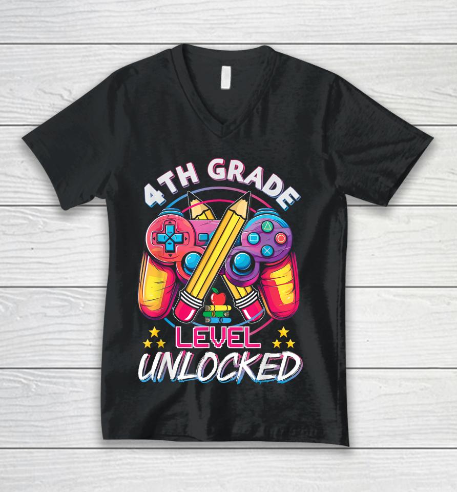 4Th Grade Level Unlocked Video Game Back To School Boys Unisex V-Neck T-Shirt