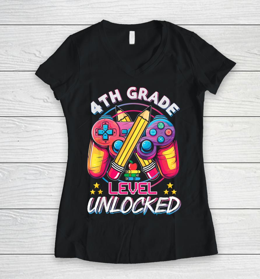4Th Grade Level Unlocked Video Game Back To School Boys Women V-Neck T-Shirt