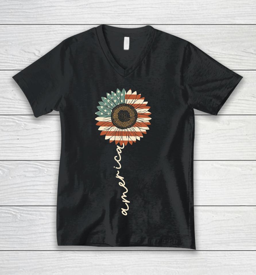 4Th Of July America Sunflower Us Patriotic American Usa Flag Unisex V-Neck T-Shirt