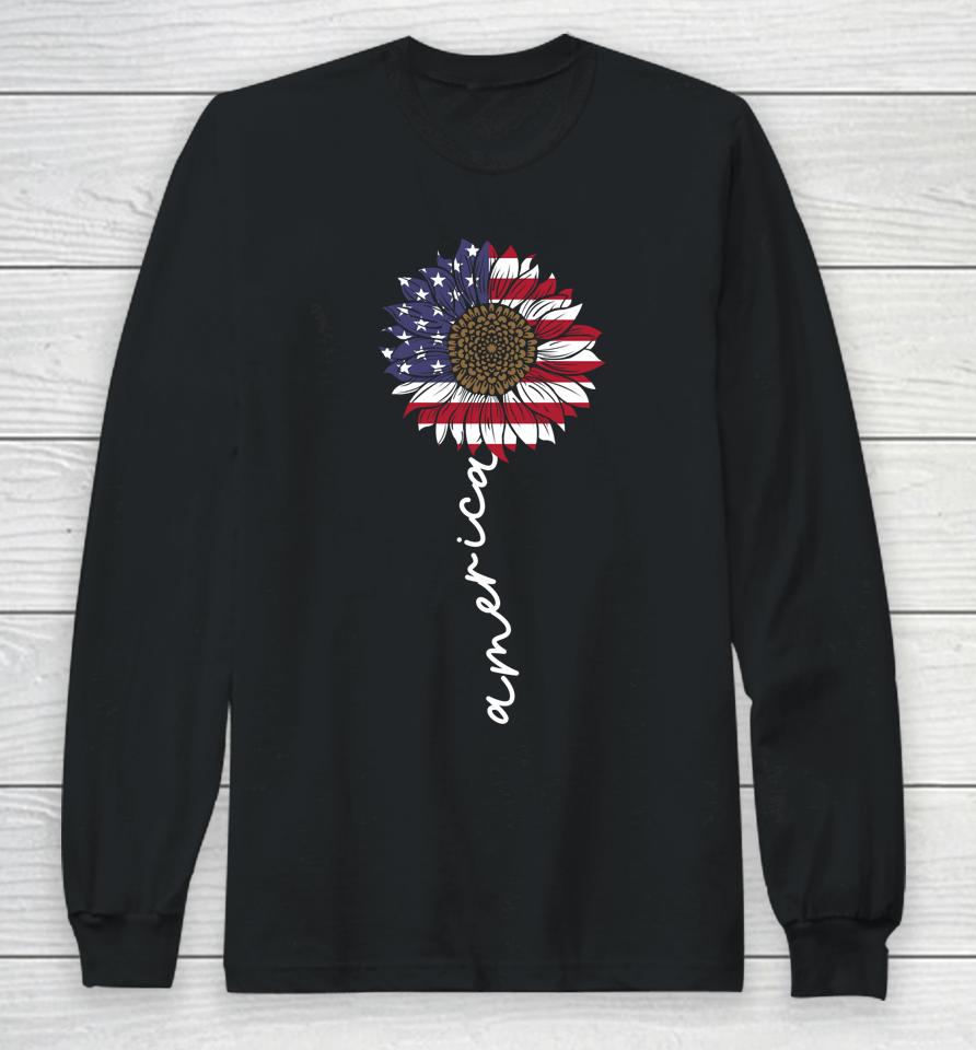 4Th Of July America Sunflower Us Patriotic American Usa Flag Long Sleeve T-Shirt