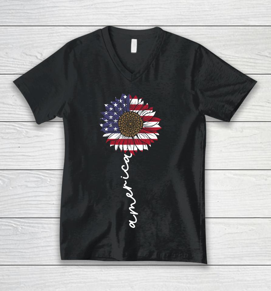 4Th Of July America Sunflower Us Patriotic American Usa Flag Unisex V-Neck T-Shirt