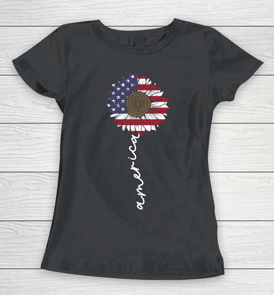 4Th Of July America Sunflower Us Patriotic American Usa Flag Women T-Shirt