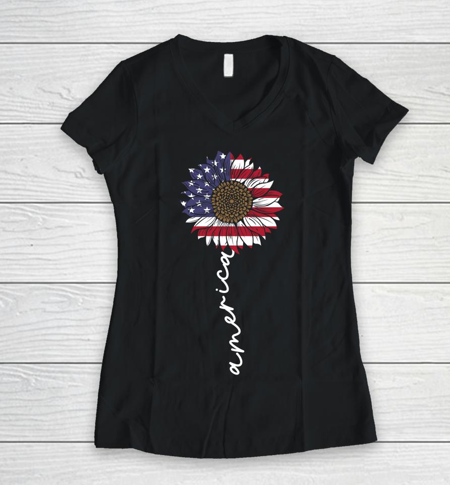 4Th Of July America Sunflower Us Patriotic American Usa Flag Women V-Neck T-Shirt