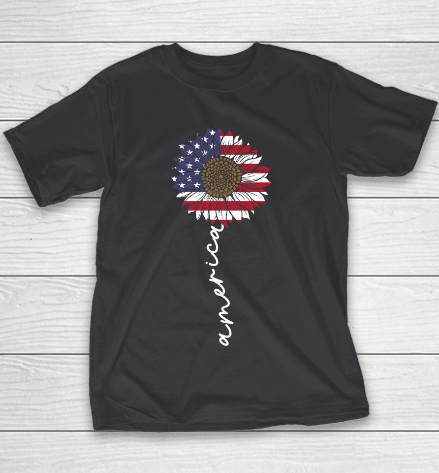 4Th Of July America Sunflower Us Patriotic American Usa Flag Youth T-Shirt