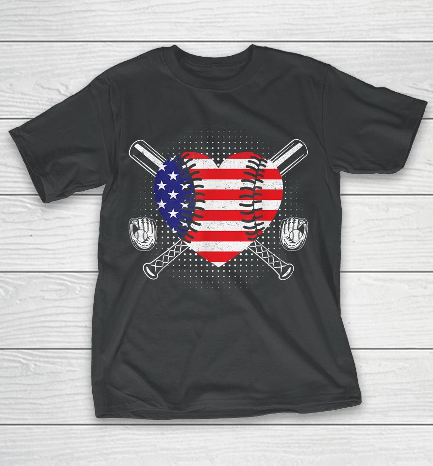 4Th Of July American Flag Baseball Heart Usa T-Shirt