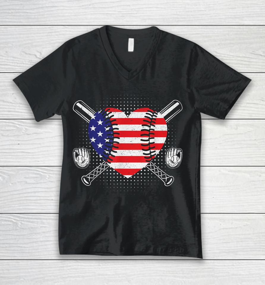 4Th Of July American Flag Baseball Heart Usa Unisex V-Neck T-Shirt