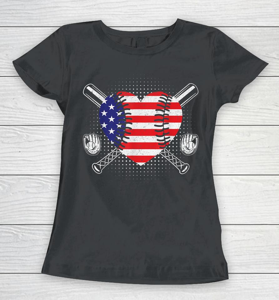 4Th Of July American Flag Baseball Heart Usa Women T-Shirt