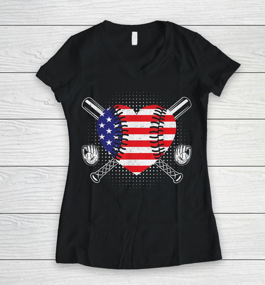 4Th Of July American Flag Baseball Heart Usa Women V-Neck T-Shirt