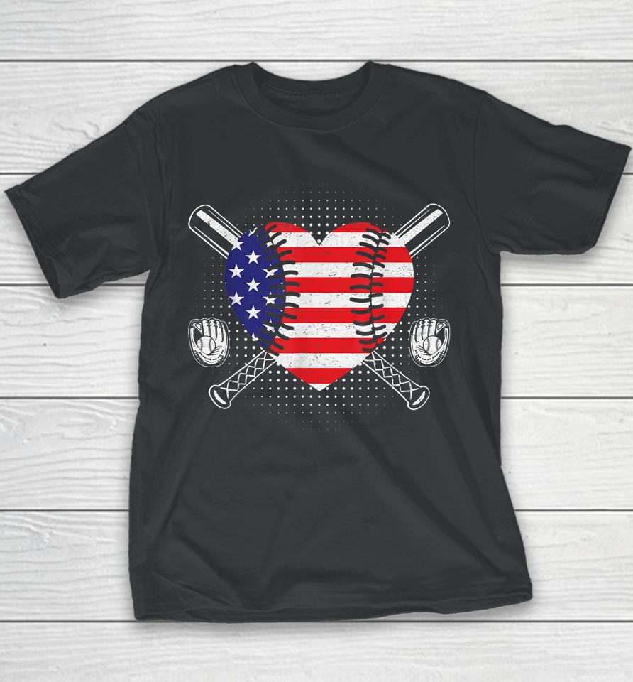 4Th Of July American Flag Baseball Heart Usa Youth T-Shirt