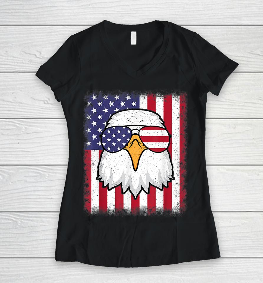 4Th Of July American Flag Patriotic Eagle Usa Women V-Neck T-Shirt