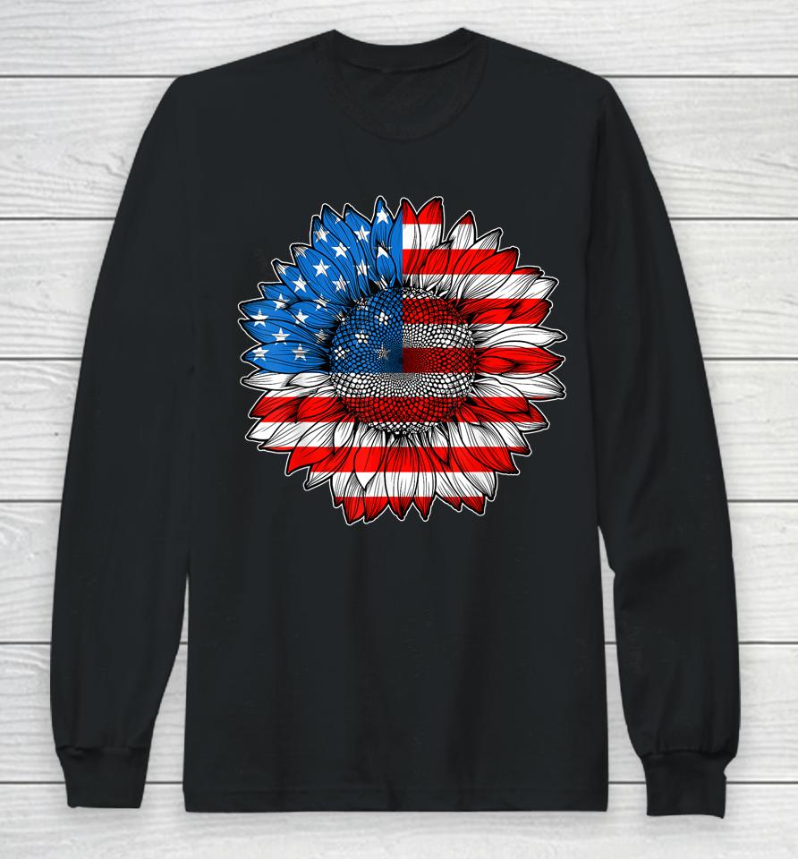 4Th Of July American Flag Sunflower Patriotic Long Sleeve T-Shirt