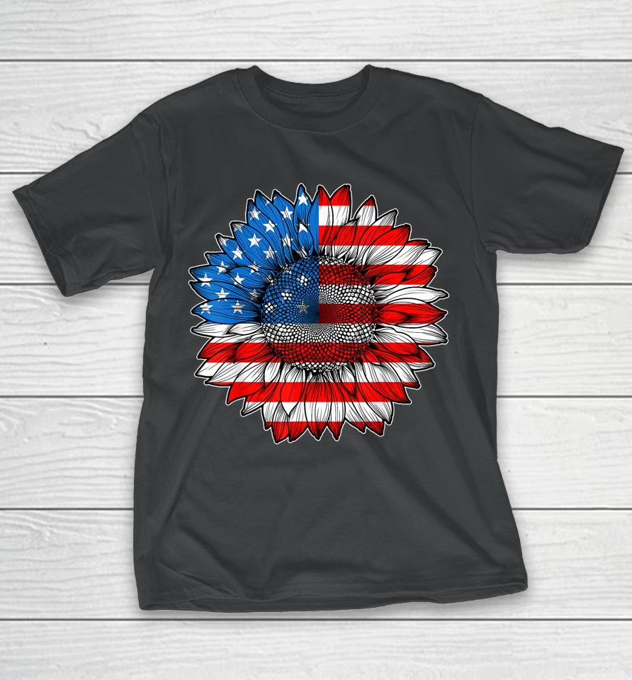 4Th Of July American Flag Sunflower Patriotic T-Shirt