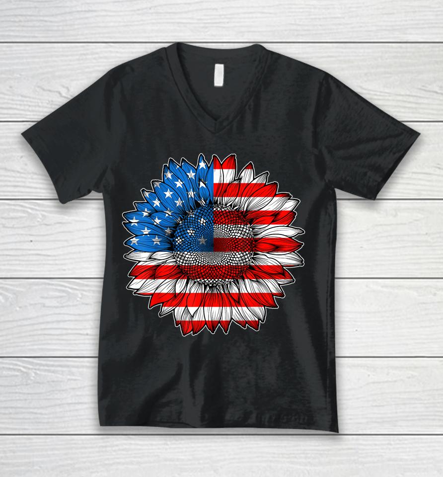 4Th Of July American Flag Sunflower Patriotic Unisex V-Neck T-Shirt