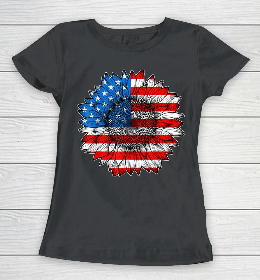 4Th Of July American Flag Sunflower Patriotic Women T-Shirt