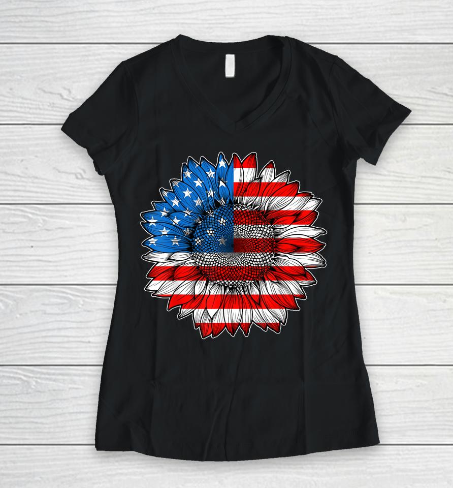 4Th Of July American Flag Sunflower Patriotic Women V-Neck T-Shirt