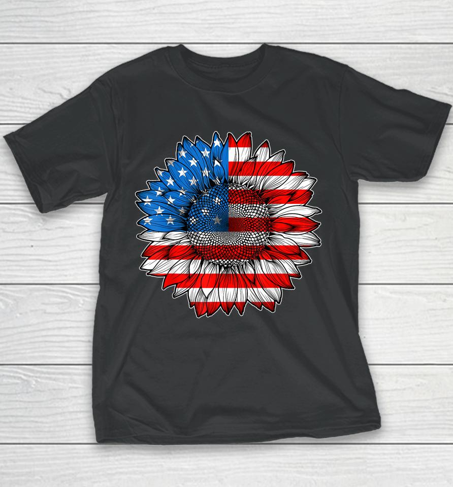 4Th Of July American Flag Sunflower Patriotic Youth T-Shirt
