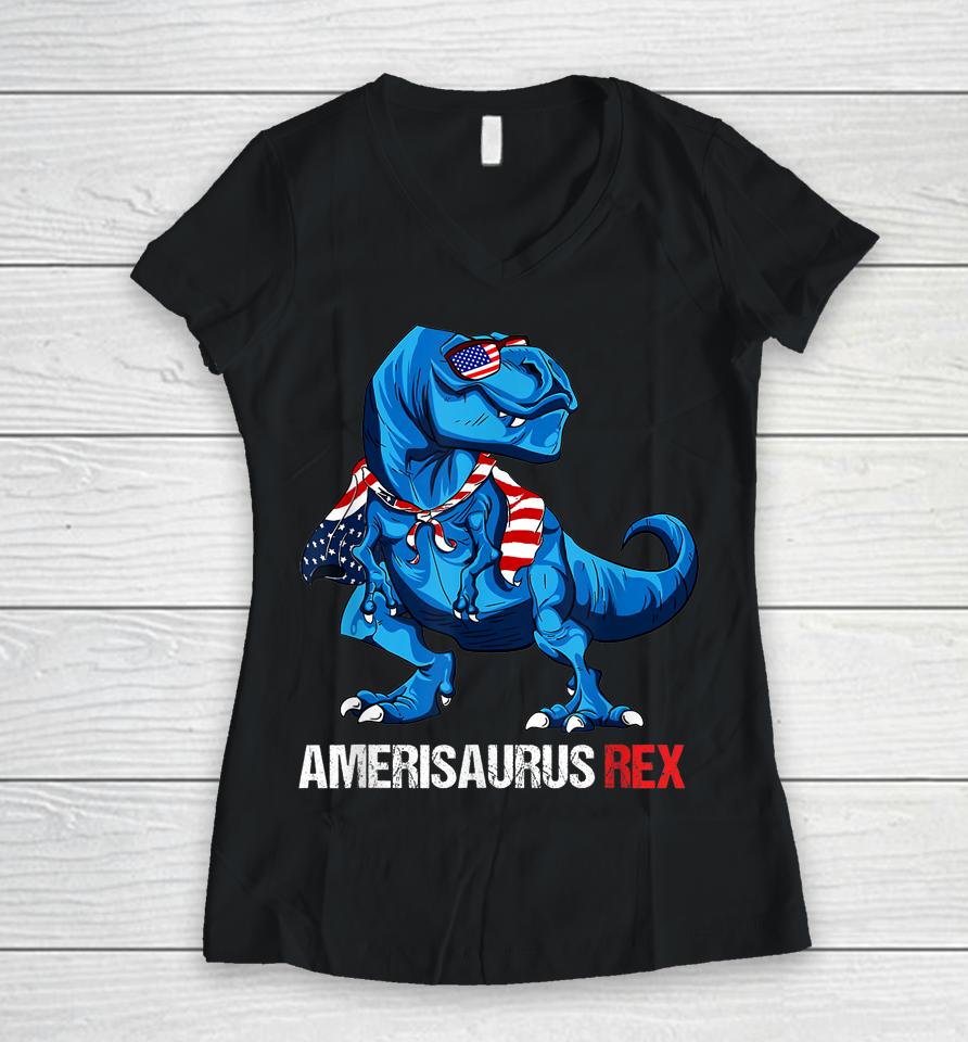 4Th Of July Amerisaurus Rex Funny Dinosaur Gifts Women V-Neck T-Shirt