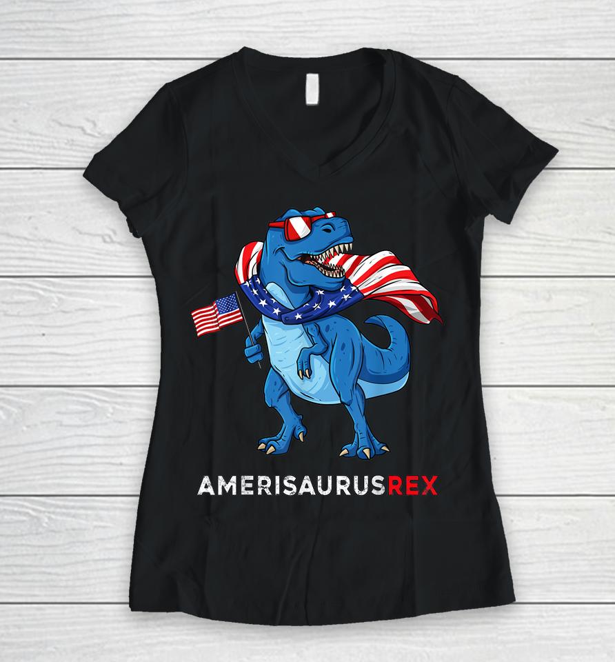 4Th Of July Amerisaurus T Rex Dinosaur Women V-Neck T-Shirt