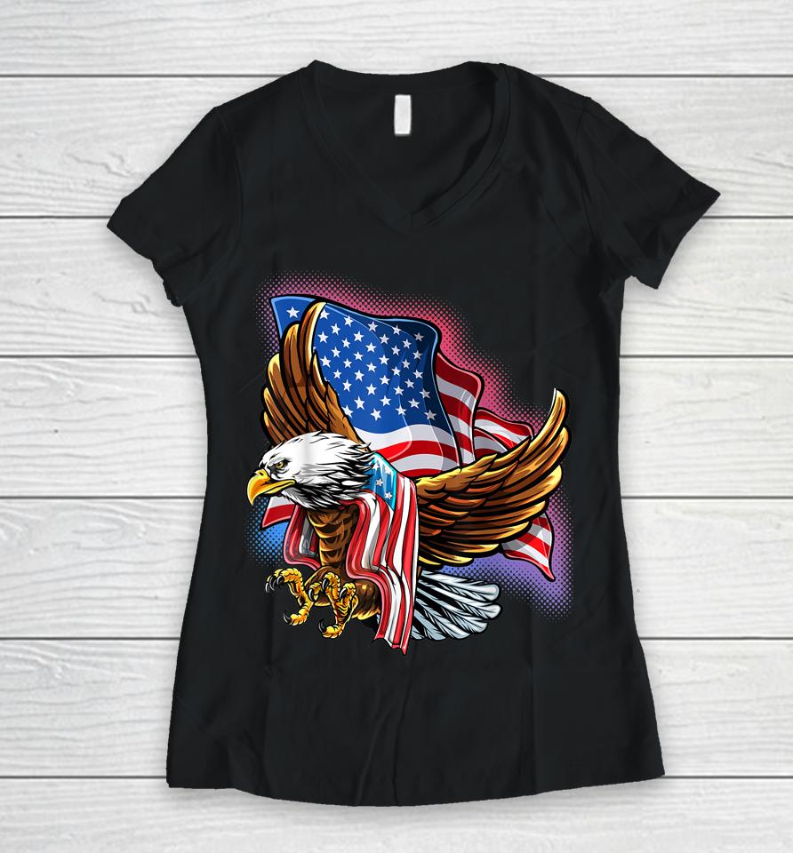 4Th Of July Bald Eagle Patriotic Stars Stripes American Flag Women V-Neck T-Shirt