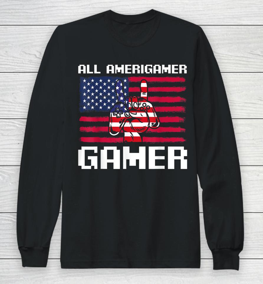 4Th Of July Boys Kids Men All American Gamer Flag Merica Long Sleeve T-Shirt