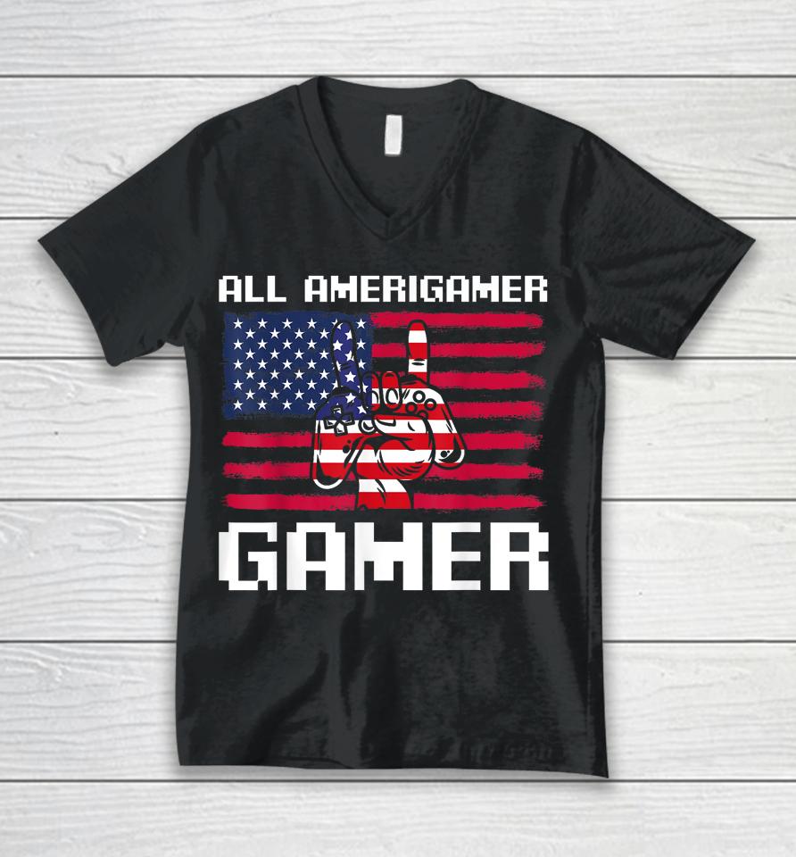 4Th Of July Boys Kids Men All American Gamer Flag Merica Unisex V-Neck T-Shirt