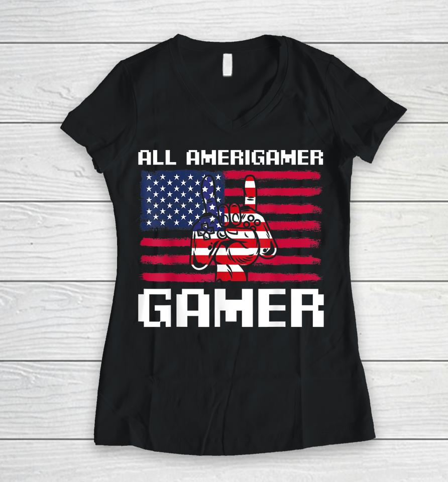 4Th Of July Boys Kids Men All American Gamer Flag Merica Women V-Neck T-Shirt