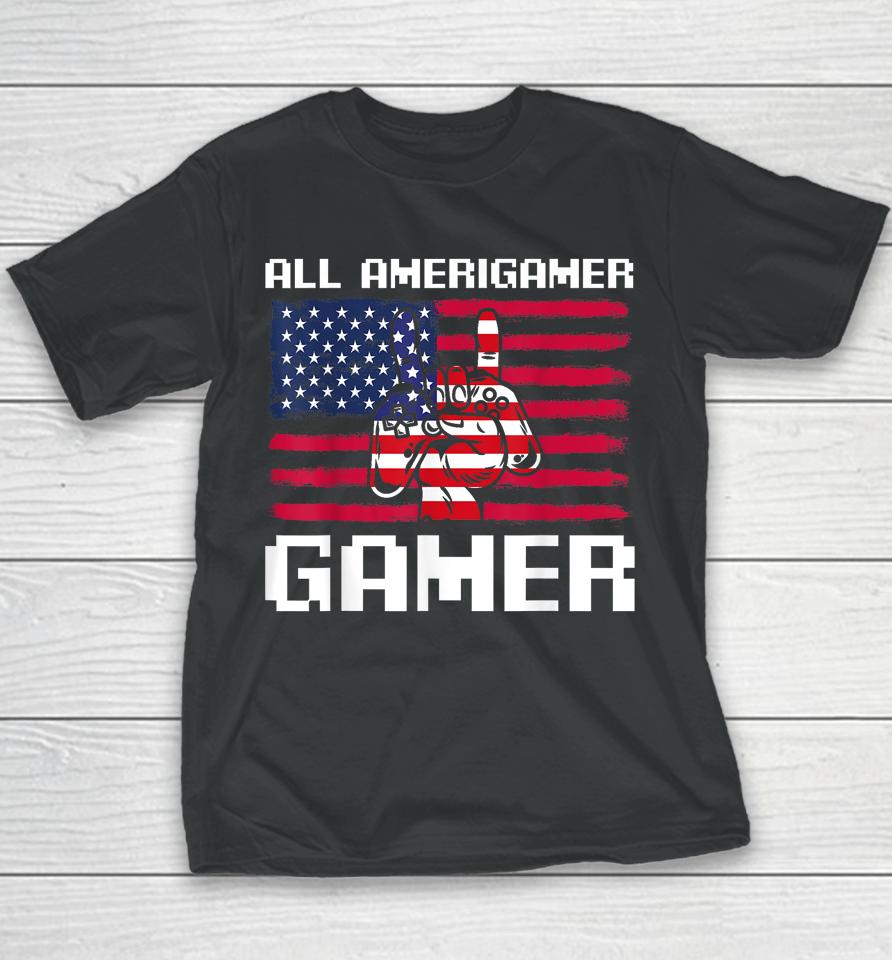 4Th Of July Boys Kids Men All American Gamer Flag Merica Youth T-Shirt