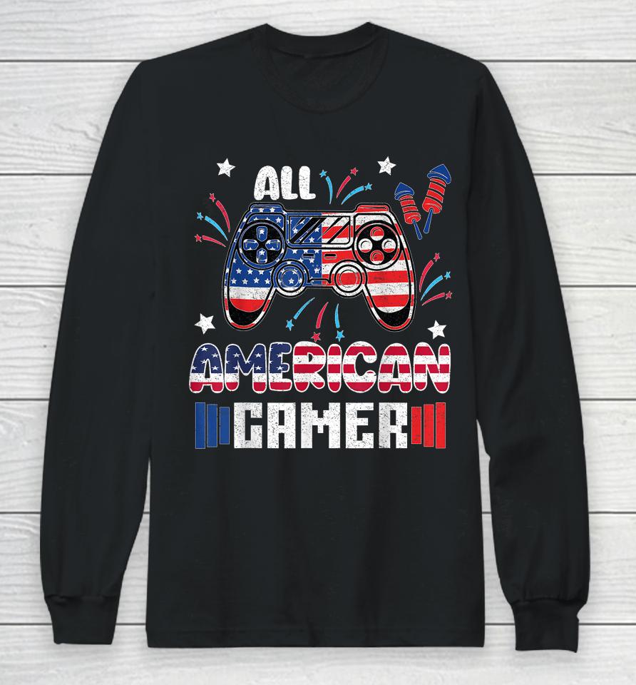 4Th Of July Boys Kids Men All American Gamer Flag Long Sleeve T-Shirt