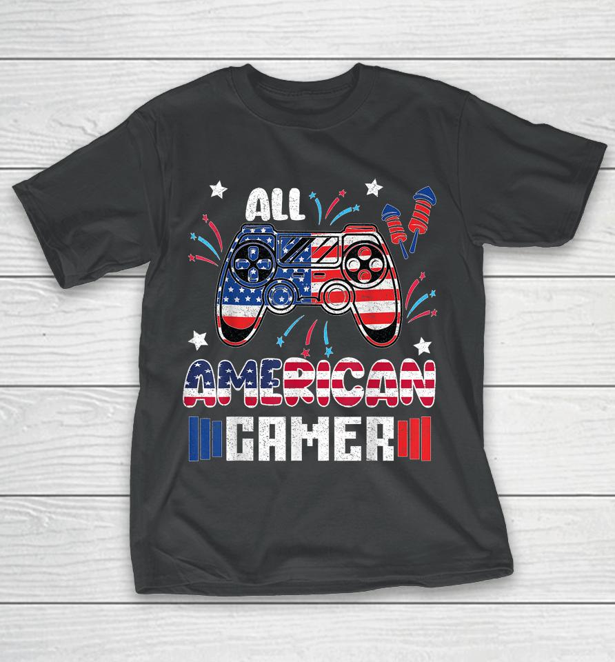 4Th Of July Boys Kids Men All American Gamer Flag T-Shirt