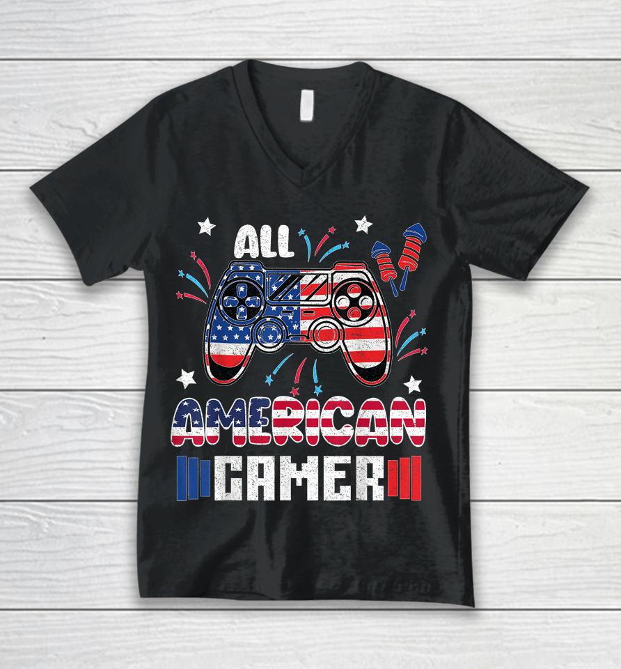 4Th Of July Boys Kids Men All American Gamer Flag Unisex V-Neck T-Shirt