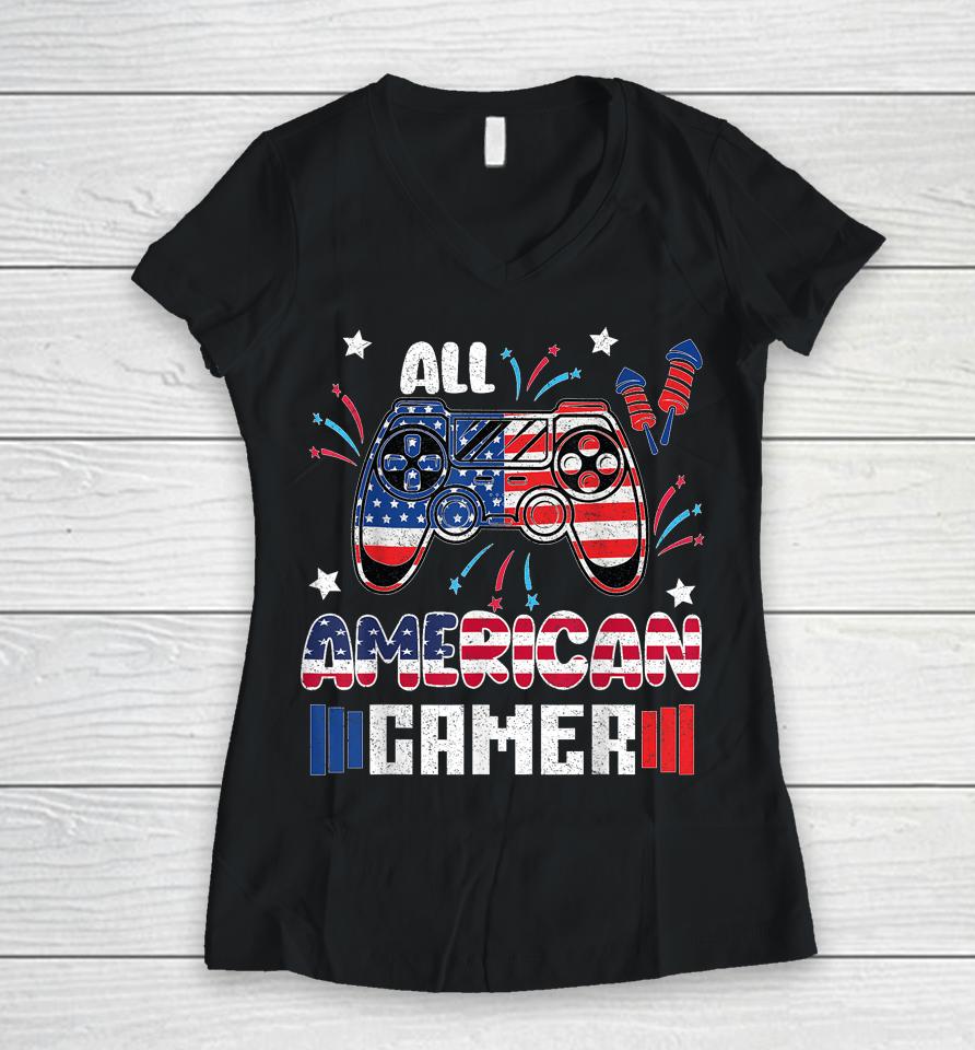 4Th Of July Boys Kids Men All American Gamer Flag Women V-Neck T-Shirt
