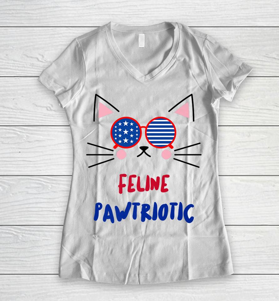 4Th Of July Cat Independence Day Patriot Usa For Cat Lover Women V-Neck T-Shirt