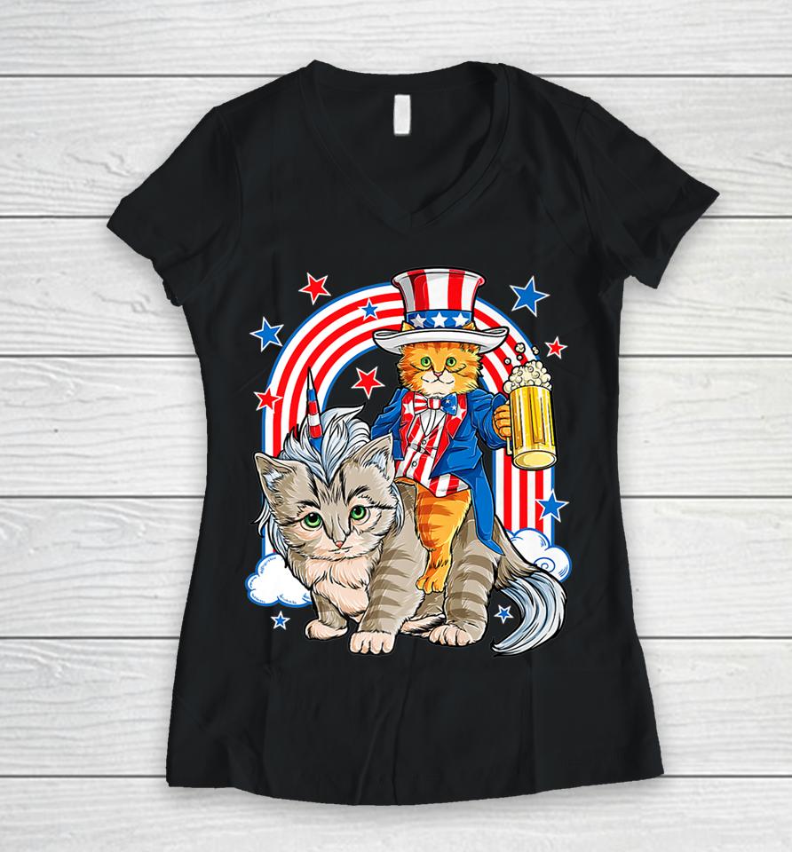 4Th Of July Cat Independence Day Patriot Usa Women V-Neck T-Shirt