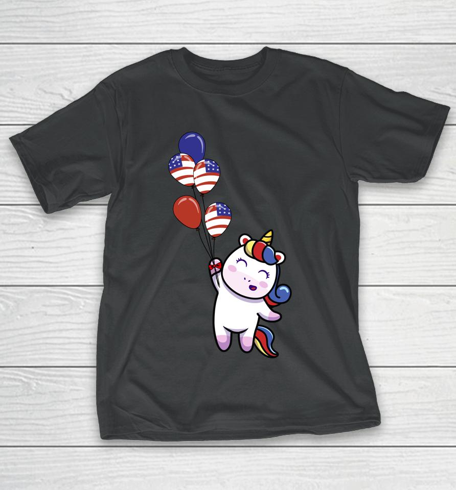 4Th Of July Cute Unicorn American Flag Patriotic Baloons T-Shirt