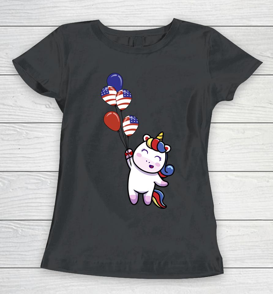 4Th Of July Cute Unicorn American Flag Patriotic Baloons Women T-Shirt