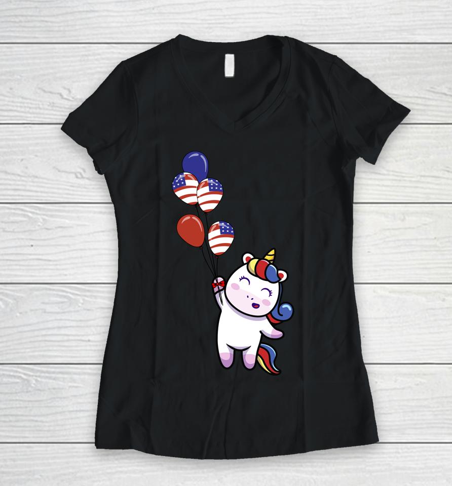 4Th Of July Cute Unicorn American Flag Patriotic Baloons Women V-Neck T-Shirt