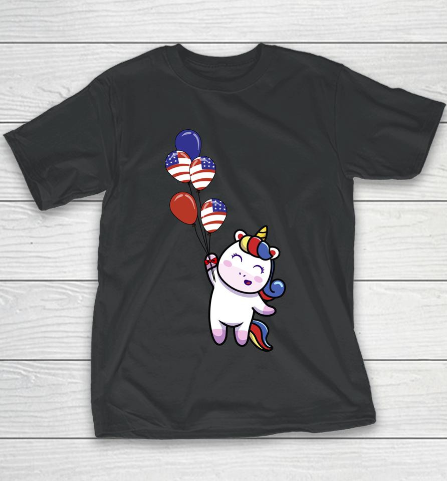 4Th Of July Cute Unicorn American Flag Patriotic Baloons Youth T-Shirt