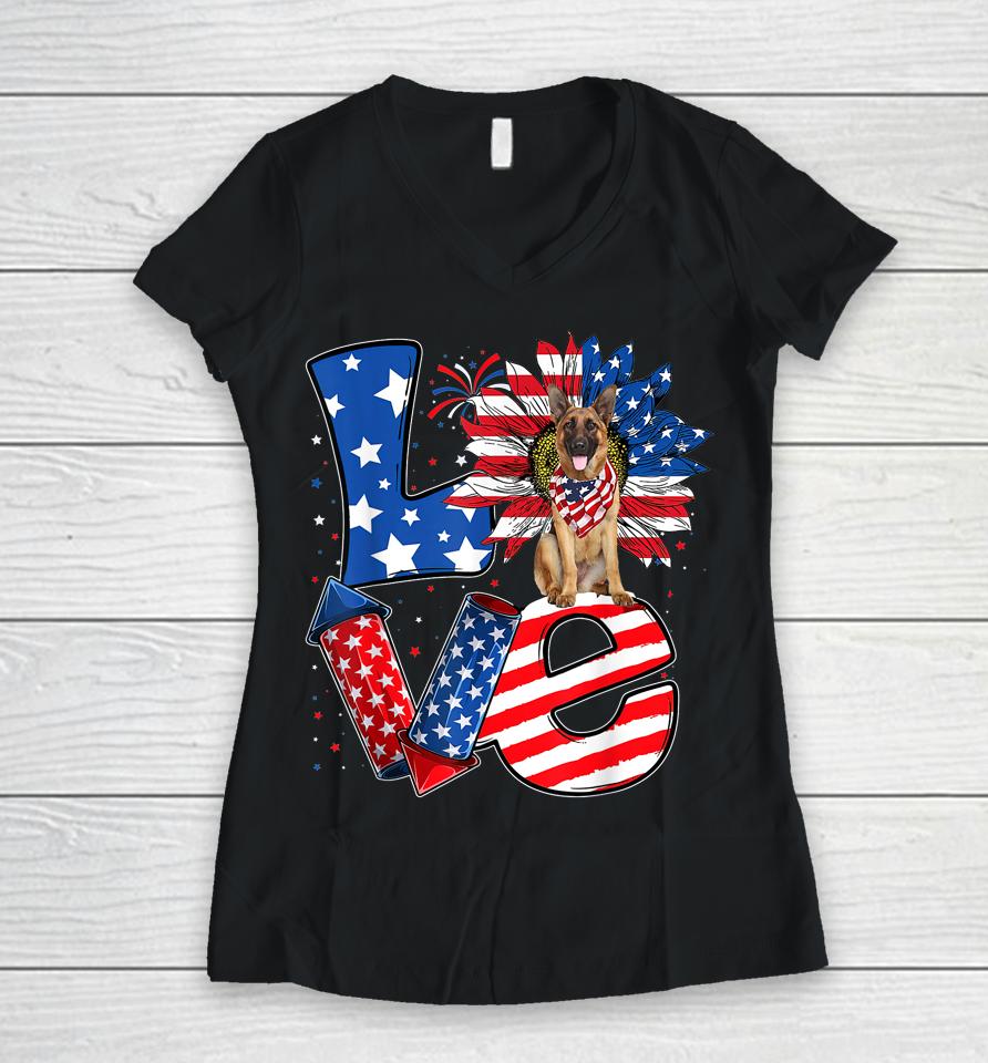4Th Of July Decor Patriotic Love German Shepherd Dog Usa Women V-Neck T-Shirt