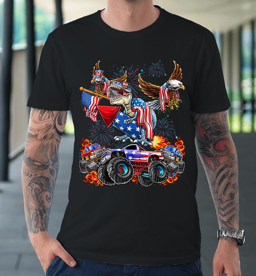 4Th Of July Dinosaur Monster Truck Bald Eagle American Flag Premium T-Shirt
