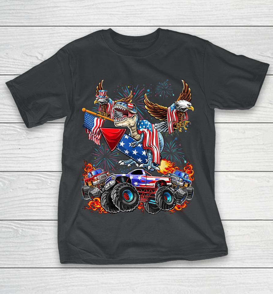 4Th Of July Dinosaur Monster Truck Bald Eagle American Flag T-Shirt
