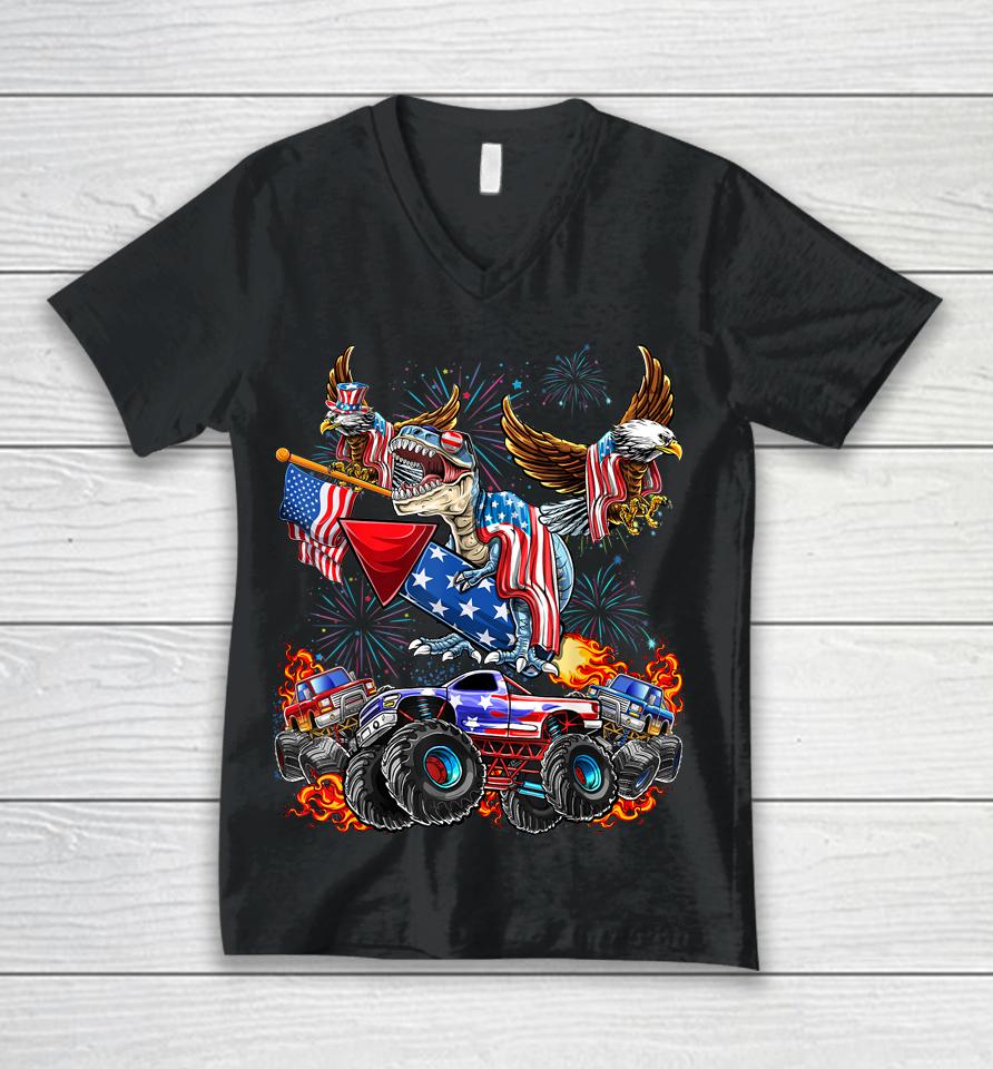 4Th Of July Dinosaur Monster Truck Bald Eagle American Flag Unisex V-Neck T-Shirt